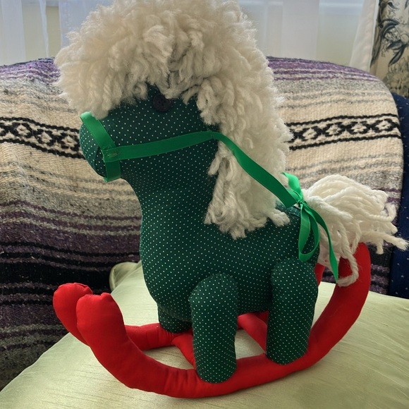 VINTAGE HOBBYHORSE HANDCRAFTED GREEN DOTTED SWISS WHITE MANE RED ROCKERS 12”tall - Picture 4 of 8